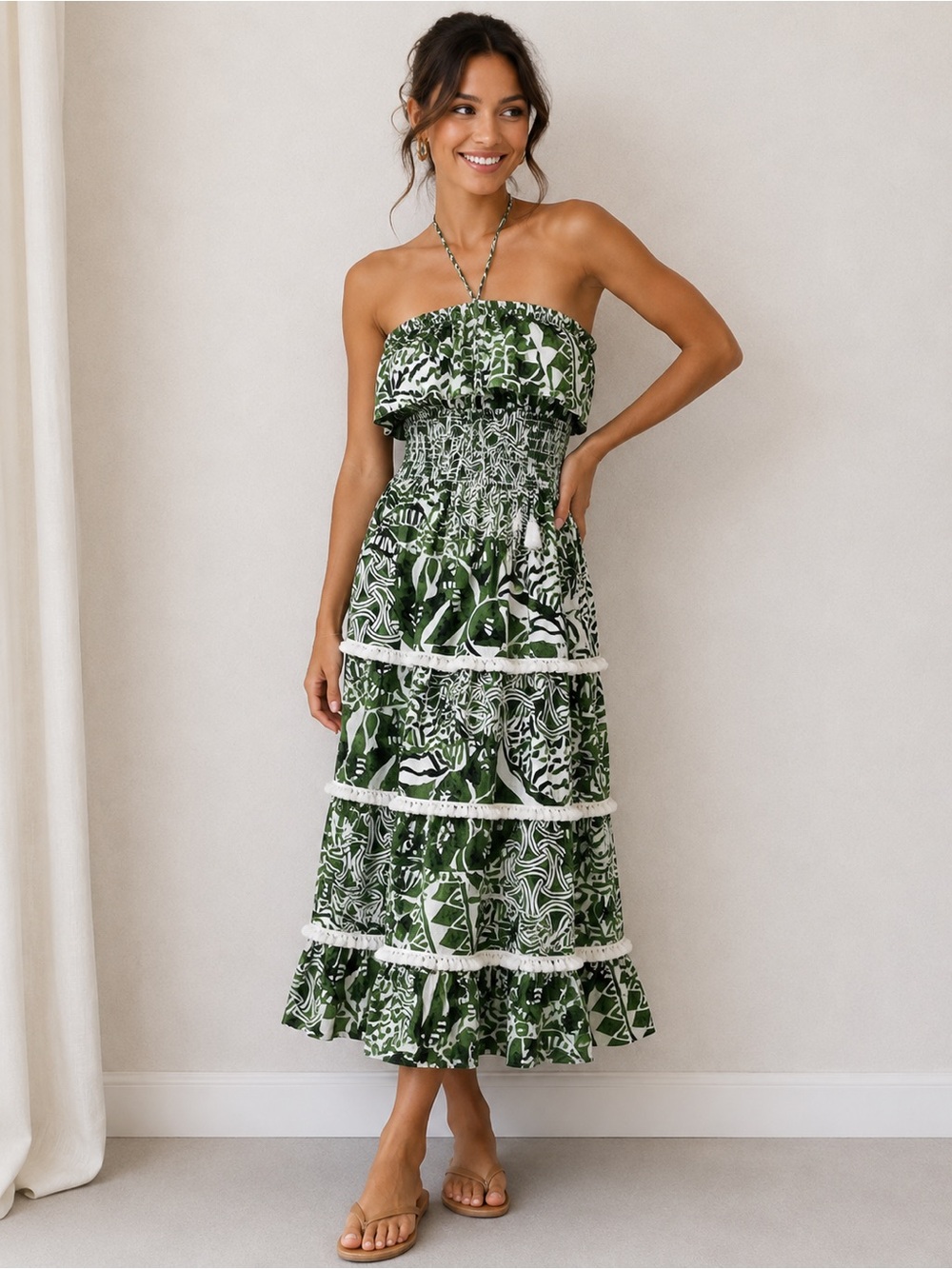 Dotti Green Tropical Print Smocked Halter Midi Dress Swim Cover Up NWT Size S